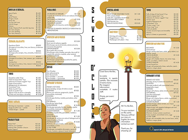 Progetto di graphic design per menu ristorante "Seven O'Clock" . Layout creativo con illustrazioni personalizzate, icone food e organizzazione dei contenuti per la ristorazione.