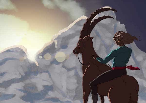 Illustrazione digitale di un affascinante uomo dai capelli lunghi e sciolti al vento, che cavalca uno stambecco tra le montagne all’alba. Atmosfera epica con luci calde e paesaggio suggestivo.