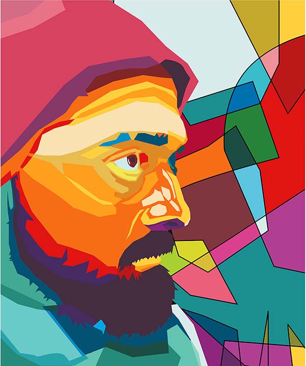 Ritratto stilizzato colorato di un uomo con barba e cappello in stile pop-art astratto con forme geometriche vivaci.