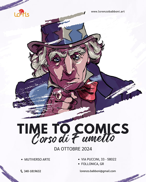 Locandina illustrata per i corsi di fumetto. Corsi per ragazzi e adulti