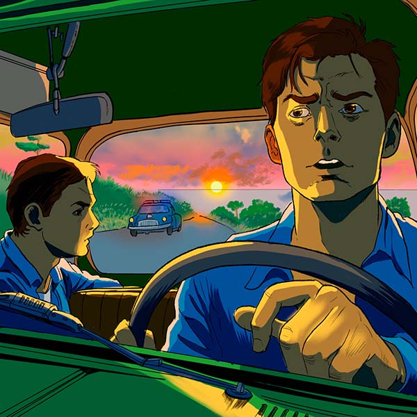 Illustrazione digitale narrativa di due uomini in auto durante un inseguimento al tramonto, stile cinematografico.