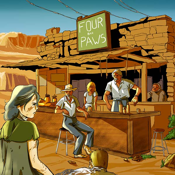 Illustrazione digitale. Scena di un bar nel deserto chiamato "Four Paws" in stile fumetto. Si vedono personaggi caratteristici presso un bancone di pietra sotto un sole cocente, con un'atmosfera post-apocalittica o western.