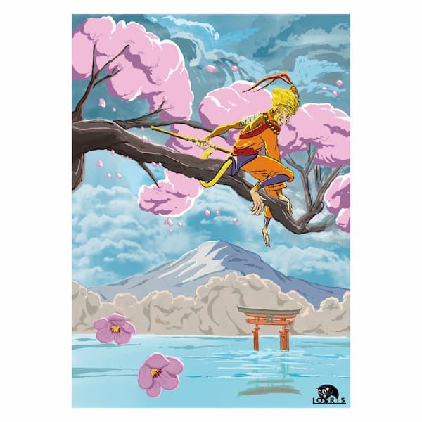 Saru, creatura divina del folklore giapponese ispirato a sun wukong. Pittura digitale, sbocciatura dei fiori di ciliegio, sullo sfondo monte Fuji