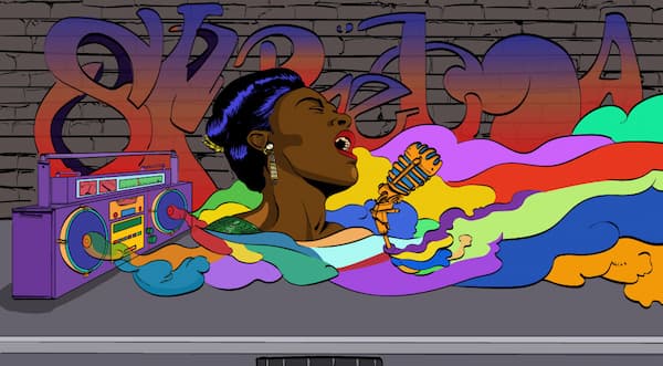 Illustrazione vibrante di una cantante soul con capelli raccolti e orecchini dorati, che canta con passione in un microfono vintage arancione. Il suono si trasforma in onde colorate che si espandono, avvolgendo una radio boombox e un muro con graffiti sullo sfondo. Atmosfera urbana e dinamica con stile pop-art
