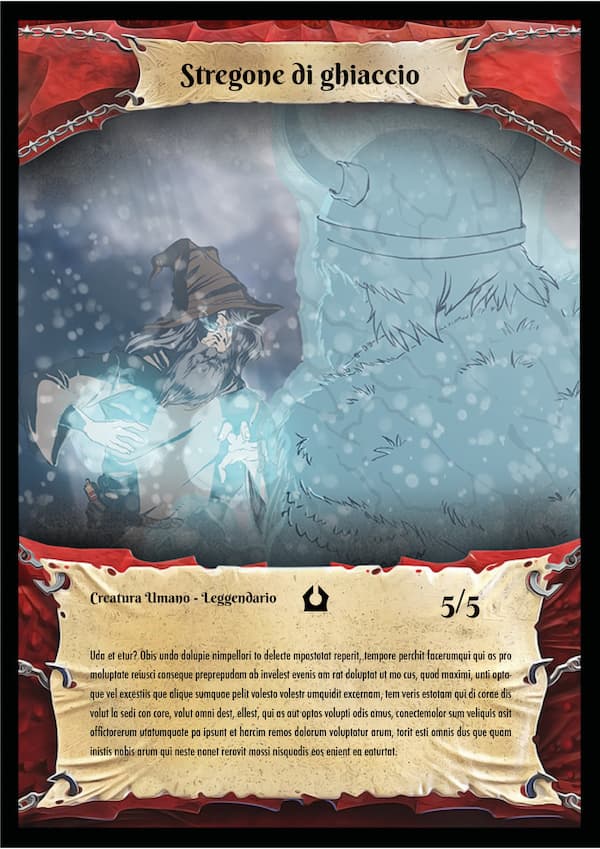 Carta illustrata di uno ‘Stregone di ghiaccio’, raffigurante un mago con barba lunga e cappello a punta, che lancia un incantesimo congelante verso un vichingo con elmo cornuto, avvolta nella neve e nella nebbia. Design fantasy 