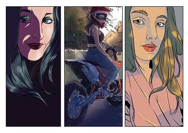 Illustrazione digitale composta da tre ritratti femminili in stile illustrativo moderno, con variazioni di luce, colore e ambientazione.