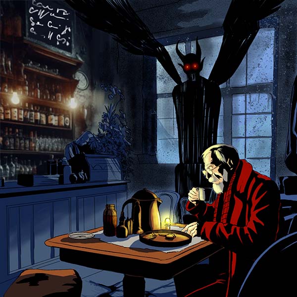 Illustrazione digitale narrativa di un uomo anziano seduto a un tavolo in un bar notturno, con atmosfera cupa e luce drammatica.