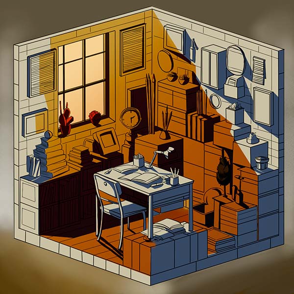 Illustrazione isometrica di uno studio creativo con scrivania, libri, oggetti di design e luce calda, stile illustrativo moderno.
