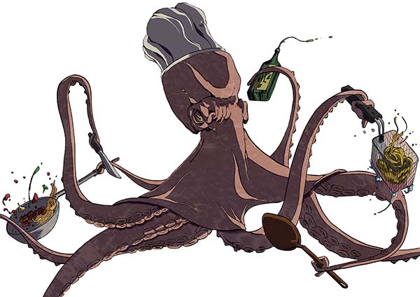 Character design illustrato di polpo antropomorfo, con posa dinamica e atteggiamento ironico, realizzato in stile grafico moderno.