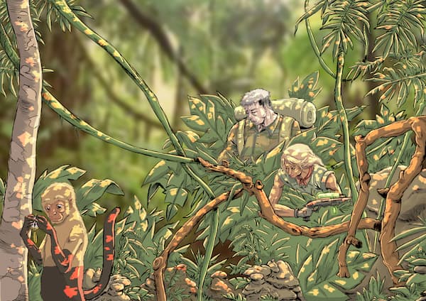 Illustrazione avventurosa ambientata in una giungla lussureggiante. Due esploratori, un uomo con capelli corti e uno biondo armata di pistola futuristica, si fanno strada tra la fitta vegetazione. In primo piano, una scimmia dal pelo chiaro e coda scura osserva curiosa un oggetto tra le zampe. Atmosfera dettagliata con luci calde e un forte senso di immersione nella natura selvaggia