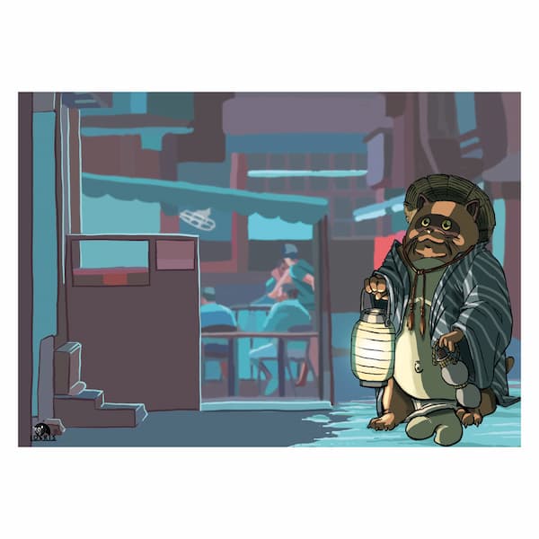 Tanuki, illustrazione digitale di una creatura del folklore giapponese. Ambientazione notturna in un vicolo cittadino
