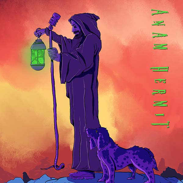 Illustrazione digitale fantasy di un uomo incappucciato con lanterna luminosa, accompagnato da un cane, su sfondo dai colori caldi.