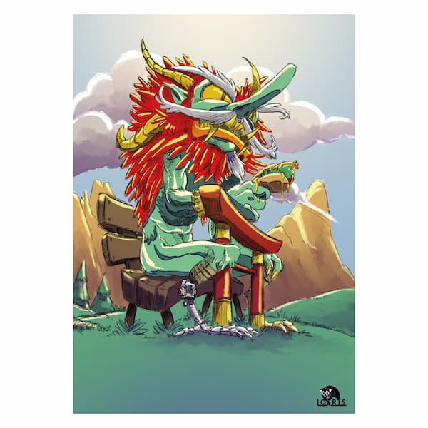 Tengu, divinità del folklore giapponese. Disegno e colorazione digitale , seduto su una panchina in montagna mentre consuma il suo pasto