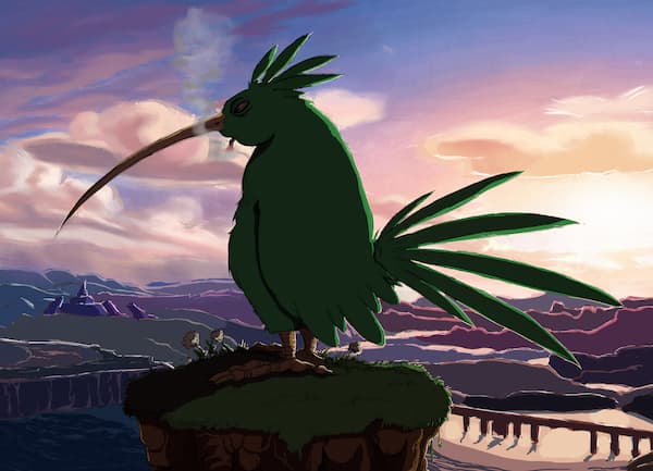 Rappresentazione fantastica di uccello ibis, personaggio immaginario su uno sfondo paesaggistico. Tecniche digitali, colori pittorici e luce di un meraviglioso tramonto